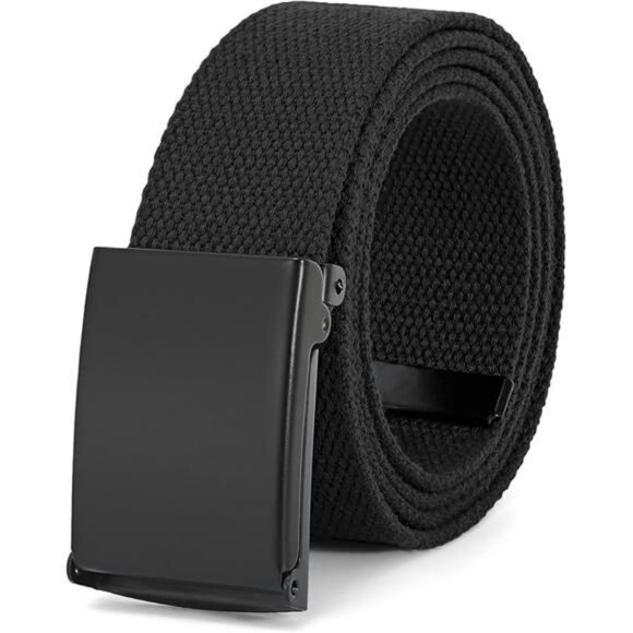 Mens Canvas Web Belt Adjustable Military Style Flip Top Buckle Black Cut Fit - Picture 7 of 7